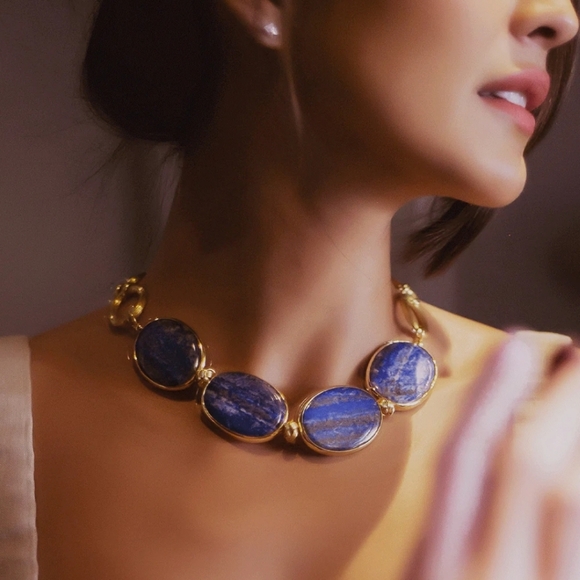 Elephant Reversible Statement Jewel Necklace Lapiz 18K Plated - Picture 2 of 9